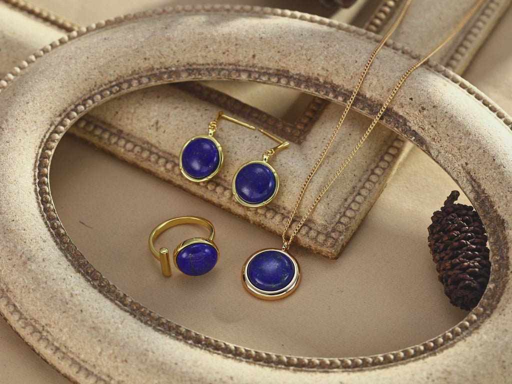 Golden Framed Lapis Pendant in Sterling Silver