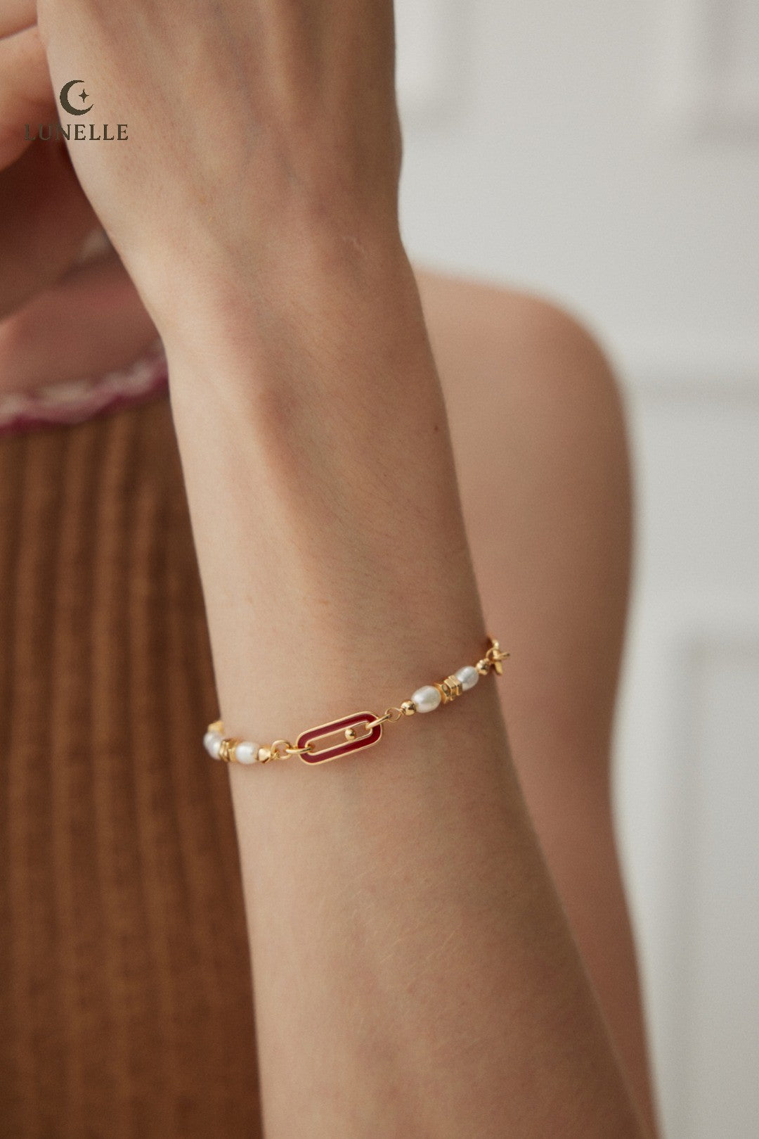 Crimson Enamel Pearl Pull Bracelet in Sterling Silver